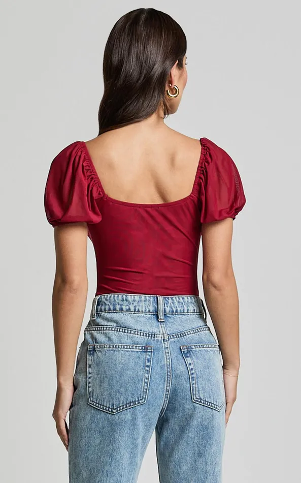 Showpo Lara Bodysuit 8211 Lace Detail Sweetheart Short Sleeve Bodysuit In Cherry Red Women Tops
