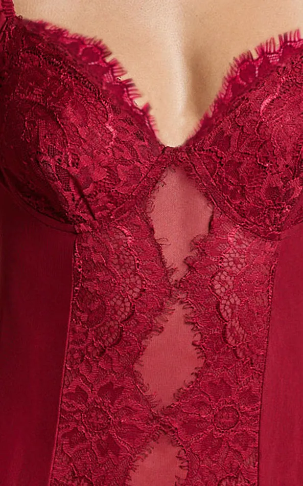 Showpo Lara Bodysuit 8211 Lace Detail Sweetheart Short Sleeve Bodysuit In Cherry Red Women Tops