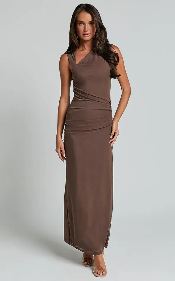 Showpo Lara Midi Dress 8211 Asymmetrical Ruched Mesh Dress In Chocolate Women Dresses Showpo Lara Midi Dress 8211 Asymmetrical Ruched Mesh Dress In Chocolate Women Dresses