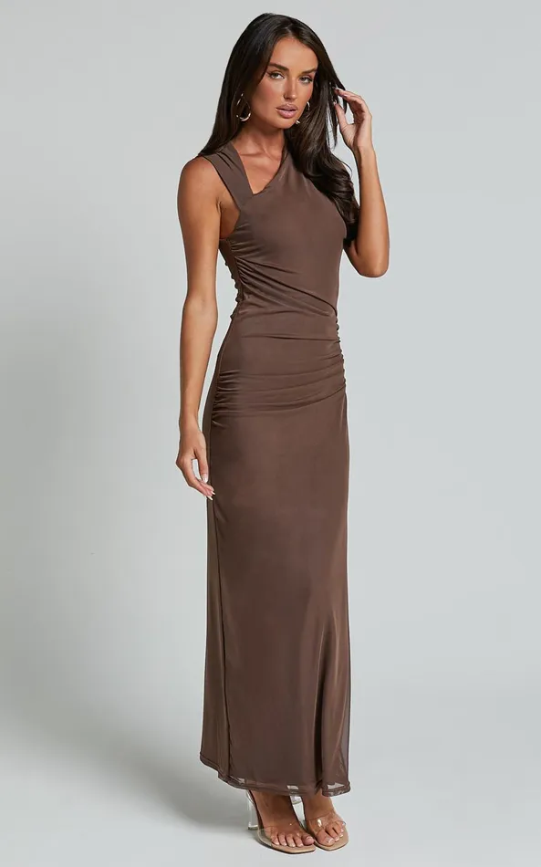 Showpo Lara Midi Dress 8211 Asymmetrical Ruched Mesh Dress In Chocolate Women Dresses
