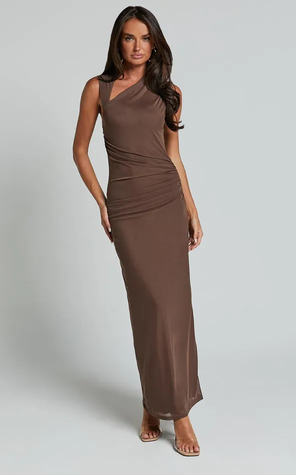 Showpo Lara Midi Dress 8211 Asymmetrical Ruched Mesh Dress In Chocolate Women Dresses