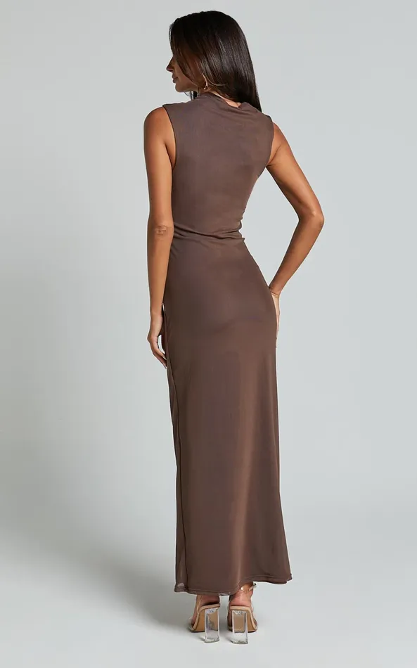 Showpo Lara Midi Dress 8211 Asymmetrical Ruched Mesh Dress In Chocolate Women Dresses
