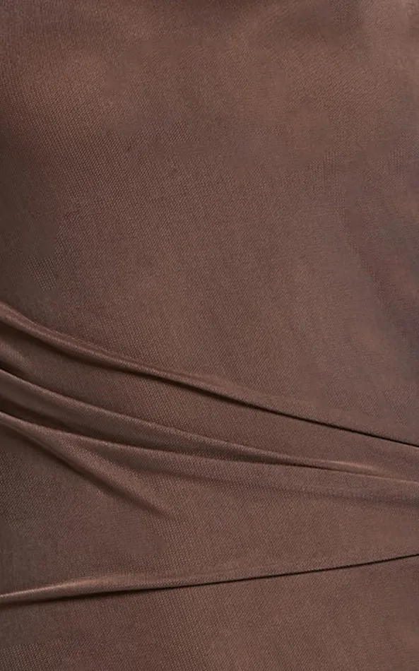 Showpo Lara Midi Dress 8211 Asymmetrical Ruched Mesh Dress In Chocolate Women Dresses