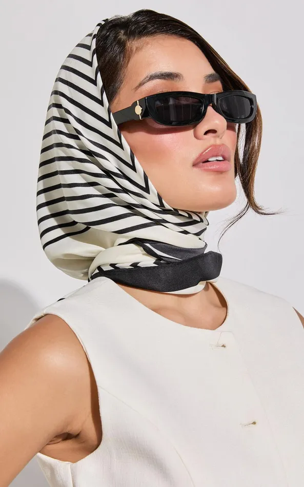 Showpo Lara Scarf 8211 Satin Tie Up Printed Scarf In Cream And Black Women Scarves and Gloves Showpo Lara Scarf 8211 Satin Tie Up Printed Scarf In Cream And Black Women Scarves and Gloves