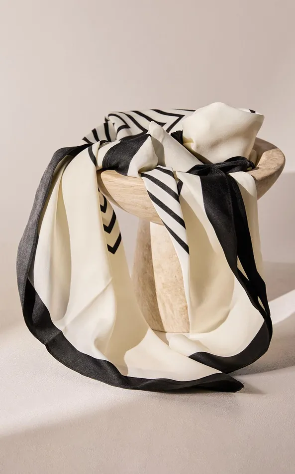 Showpo Lara Scarf 8211 Satin Tie Up Printed Scarf In Cream And Black Women Scarves and Gloves