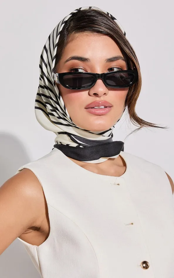 Showpo Lara Scarf 8211 Satin Tie Up Printed Scarf In Cream And Black Women Scarves and Gloves