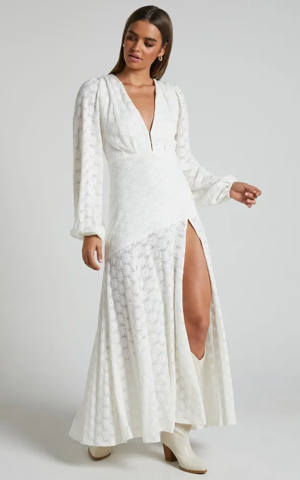 Showpo Larahmae Midi Dress 8211 Embroidered Long Sleeve Dress In White Women Dresses