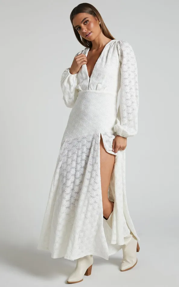 Showpo Larahmae Midi Dress 8211 Embroidered Long Sleeve Dress In White Women Dresses
