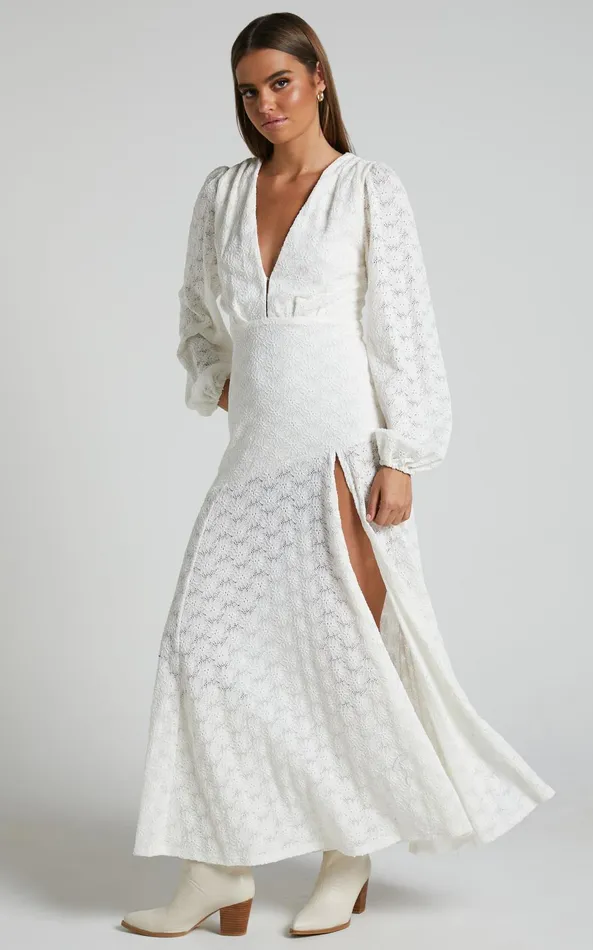 Showpo Larahmae Midi Dress 8211 Embroidered Long Sleeve Dress In White Women Dresses