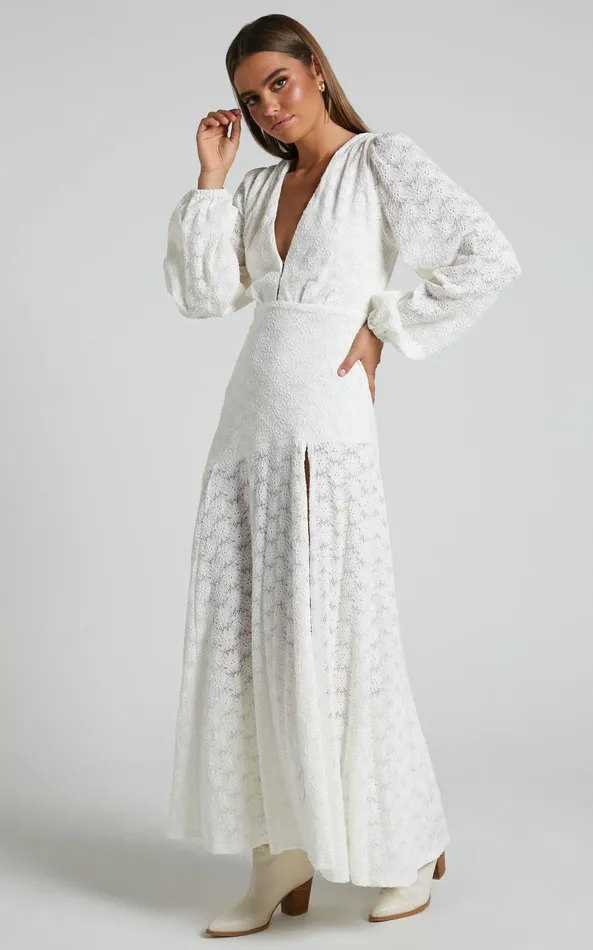Showpo Larahmae Midi Dress 8211 Embroidered Long Sleeve Dress In White Women Dresses