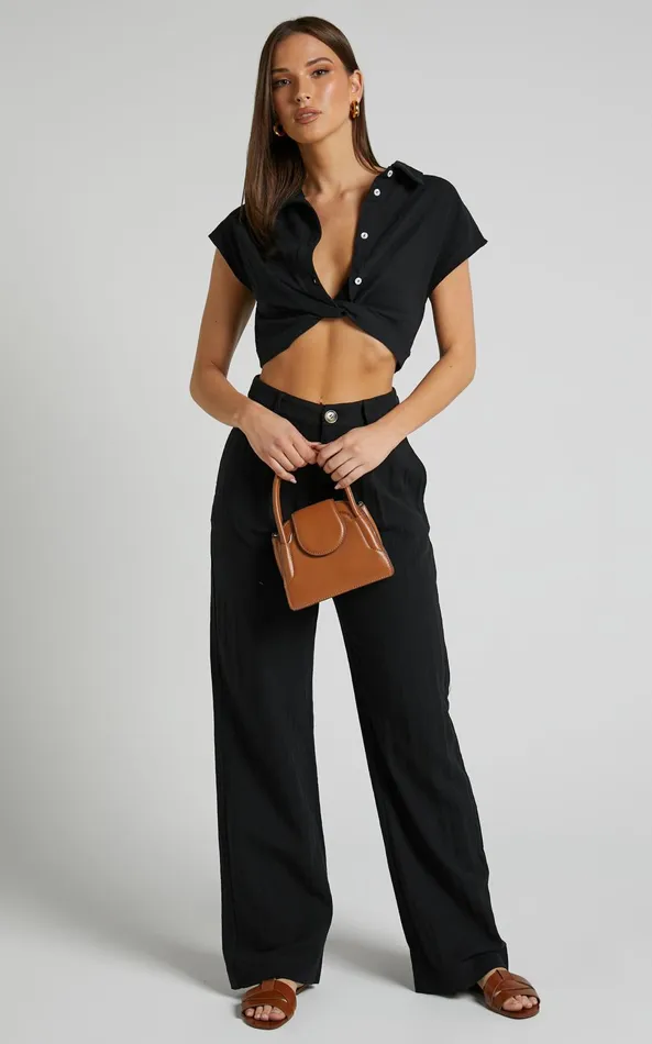 Showpo Larissa Trousers 8211 Linen Look Mid Waisted Relaxed Straight Leg Trousers In Black Women Curve Clothes