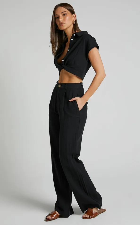 Showpo Larissa Trousers 8211 Linen Look Mid Waisted Relaxed Straight Leg Trousers In Black Women Curve Clothes