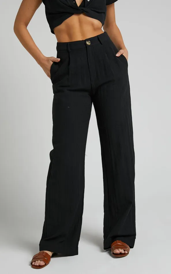 Showpo Larissa Trousers 8211 Linen Look Mid Waisted Relaxed Straight Leg Trousers In Black Women Curve Clothes