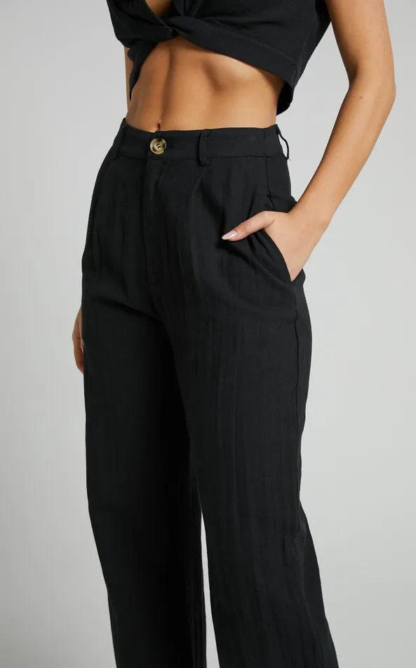 Showpo Larissa Trousers 8211 Linen Look Mid Waisted Relaxed Straight Leg Trousers In Black Women Curve Clothes