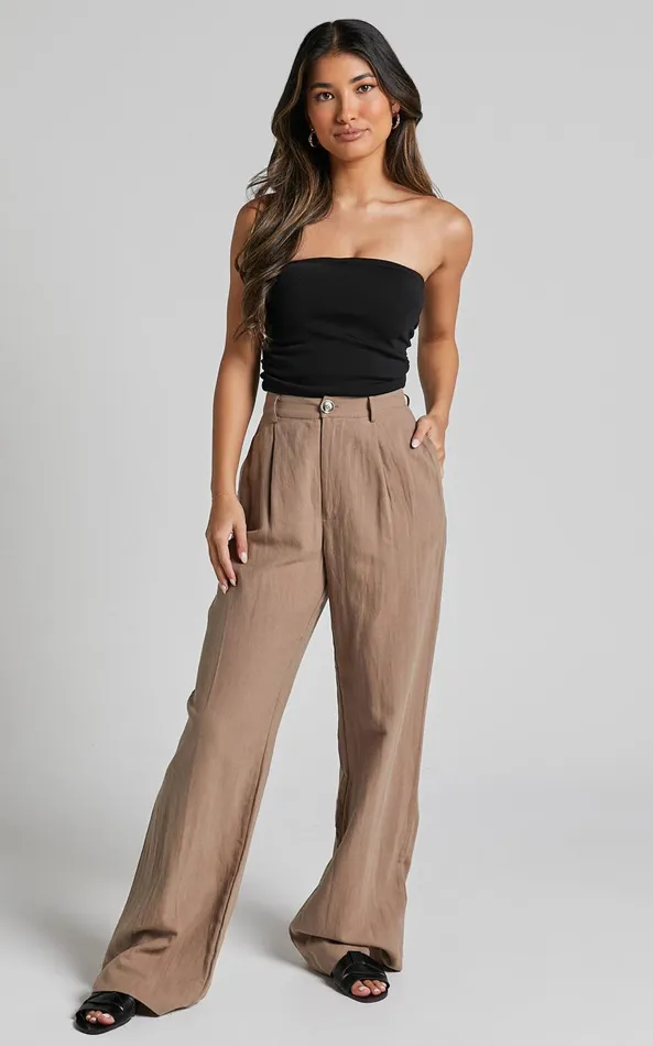 Showpo Larissa Trousers 8211 Linen Look Mid Waisted Relaxed Straight Leg Trousers In Mushroom Women Curve Clothes