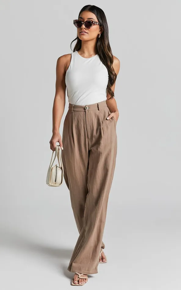 Showpo Larissa Trousers 8211 Linen Look Mid Waisted Relaxed Straight Leg Trousers In Mushroom Women Curve Clothes
