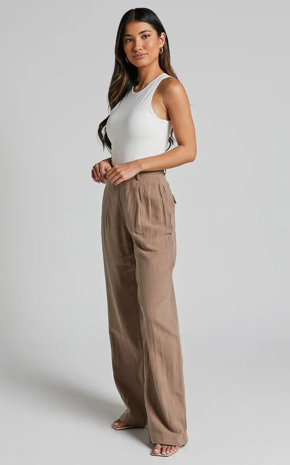 Showpo Larissa Trousers 8211 Linen Look Mid Waisted Relaxed Straight Leg Trousers In Mushroom Women Curve Clothes