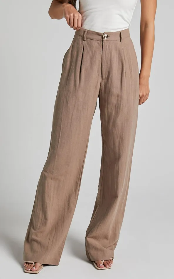 Showpo Larissa Trousers 8211 Linen Look Mid Waisted Relaxed Straight Leg Trousers In Mushroom Women Curve Clothes