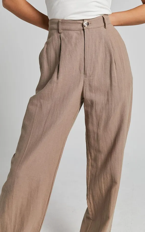 Showpo Larissa Trousers 8211 Linen Look Mid Waisted Relaxed Straight Leg Trousers In Mushroom Women Curve Clothes