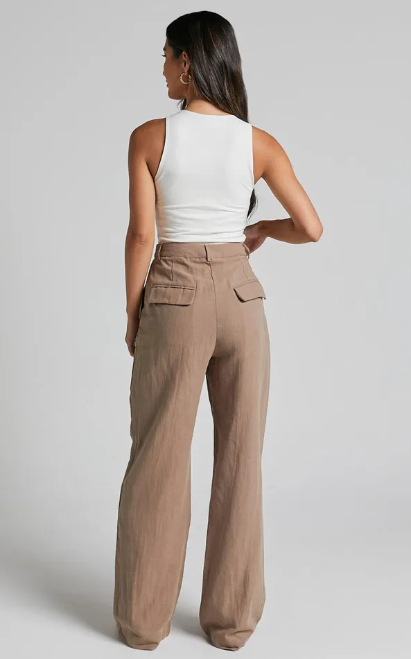 Showpo Larissa Trousers 8211 Linen Look Mid Waisted Relaxed Straight Leg Trousers In Mushroom Women Curve Clothes