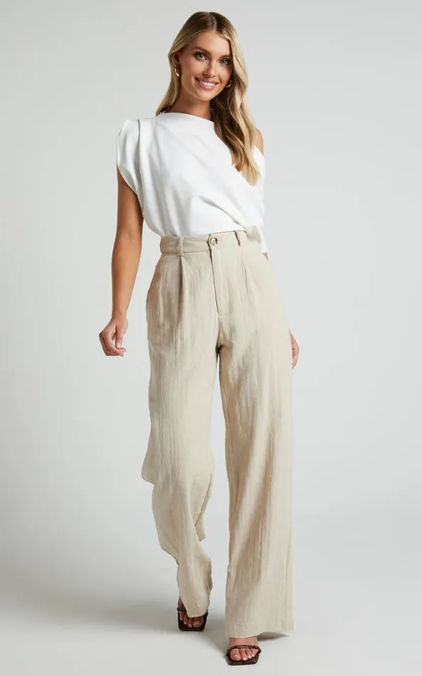 Showpo Larissa Trousers 8211 Linen Look Mid Waisted Relaxed Straight Leg Trousers In Oatmeal Women Curve Clothes