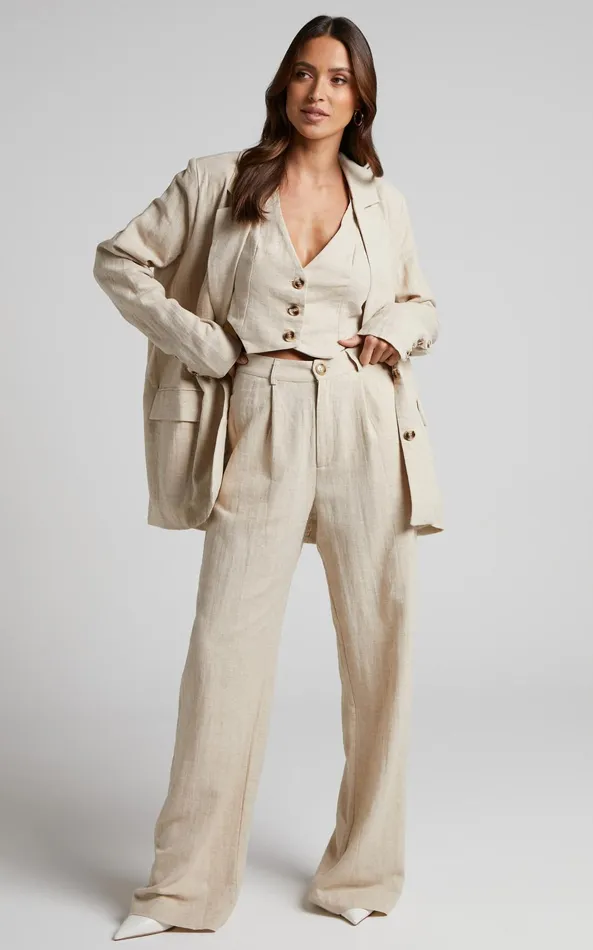 Showpo Larissa Trousers 8211 Linen Look Mid Waisted Relaxed Straight Leg Trousers In Oatmeal Women Curve Clothes