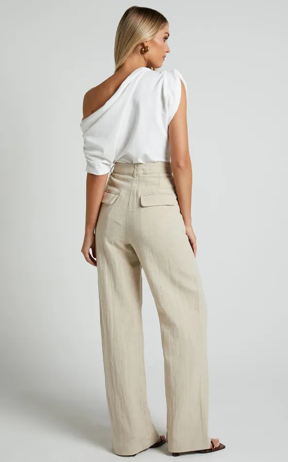 Showpo Larissa Trousers 8211 Linen Look Mid Waisted Relaxed Straight Leg Trousers In Oatmeal Women Curve Clothes
