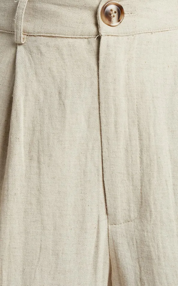 Showpo Larissa Trousers 8211 Linen Look Mid Waisted Relaxed Straight Leg Trousers In Oatmeal Women Curve Clothes