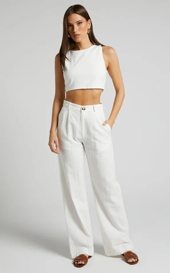 Showpo Larissa Trousers 8211 Linen Look Mid Waisted Relaxed Straight Leg Trousers In White Women Curve Clothes