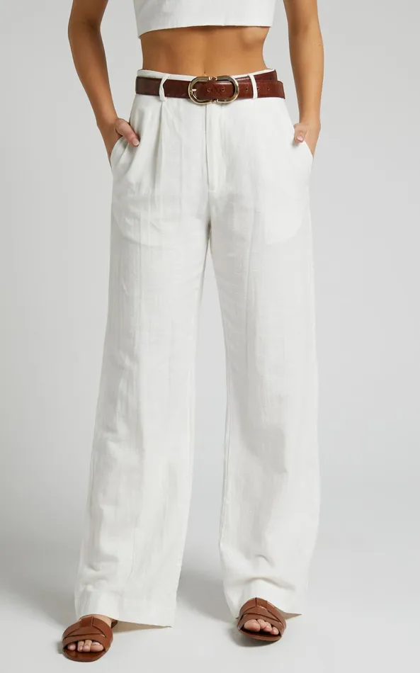 Showpo Larissa Trousers 8211 Linen Look Mid Waisted Relaxed Straight Leg Trousers In White Women Curve Clothes