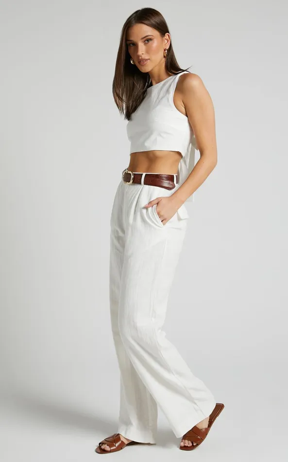 Showpo Larissa Trousers 8211 Linen Look Mid Waisted Relaxed Straight Leg Trousers In White Women Curve Clothes