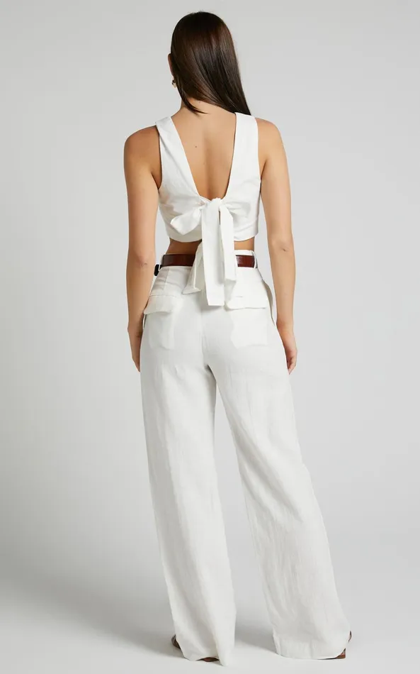 Showpo Larissa Trousers 8211 Linen Look Mid Waisted Relaxed Straight Leg Trousers In White Women Curve Clothes
