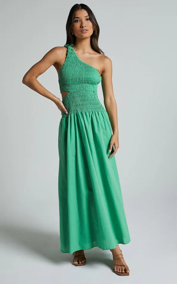 Showpo Larose Midi Dress 8211 One Shoulder Tie Side Cut Out Dress Fit And Flare Dress In Green Women Dresses Showpo Larose Midi Dress 8211 One Shoulder Tie Side Cut Out Dress Fit And Flare Dress In Green Women Dresses