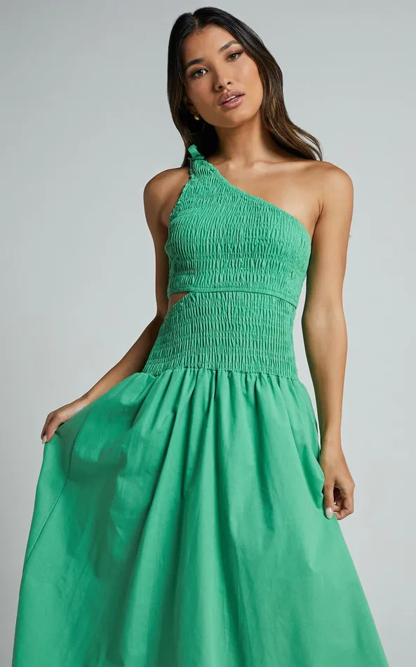Showpo Larose Midi Dress 8211 One Shoulder Tie Side Cut Out Dress Fit And Flare Dress In Green Women Dresses