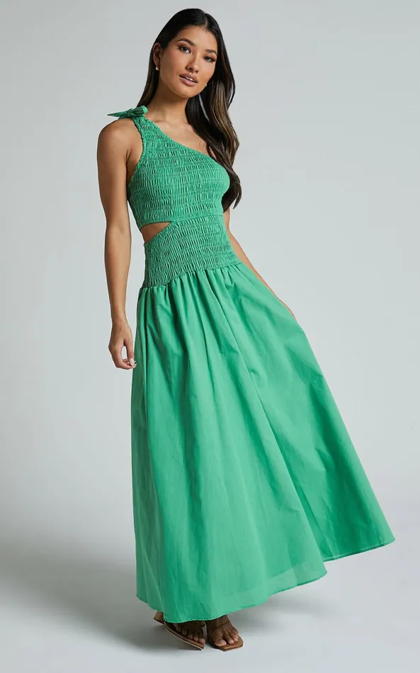 Showpo Larose Midi Dress 8211 One Shoulder Tie Side Cut Out Dress Fit And Flare Dress In Green Women Dresses