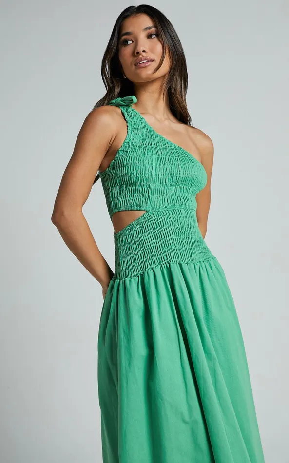 Showpo Larose Midi Dress 8211 One Shoulder Tie Side Cut Out Dress Fit And Flare Dress In Green Women Dresses