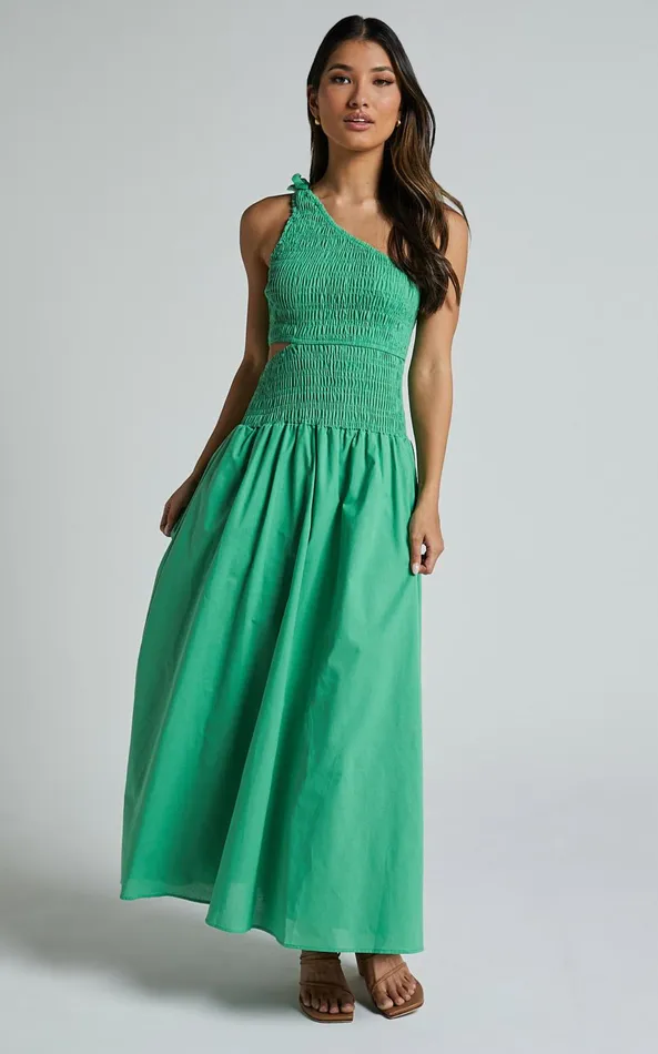 Showpo Larose Midi Dress 8211 One Shoulder Tie Side Cut Out Dress Fit And Flare Dress In Green Women Dresses