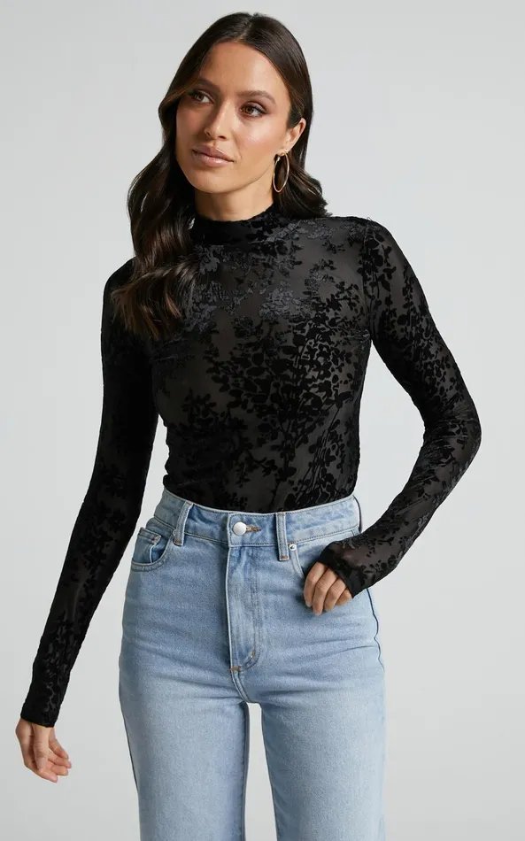 Showpo Laura Bodysuit 8211 Longsleeve Velvet Burn Out Bodysuit In Black Floral Women Tops Showpo Laura Bodysuit 8211 Longsleeve Velvet Burn Out Bodysuit In Black Floral Women Tops