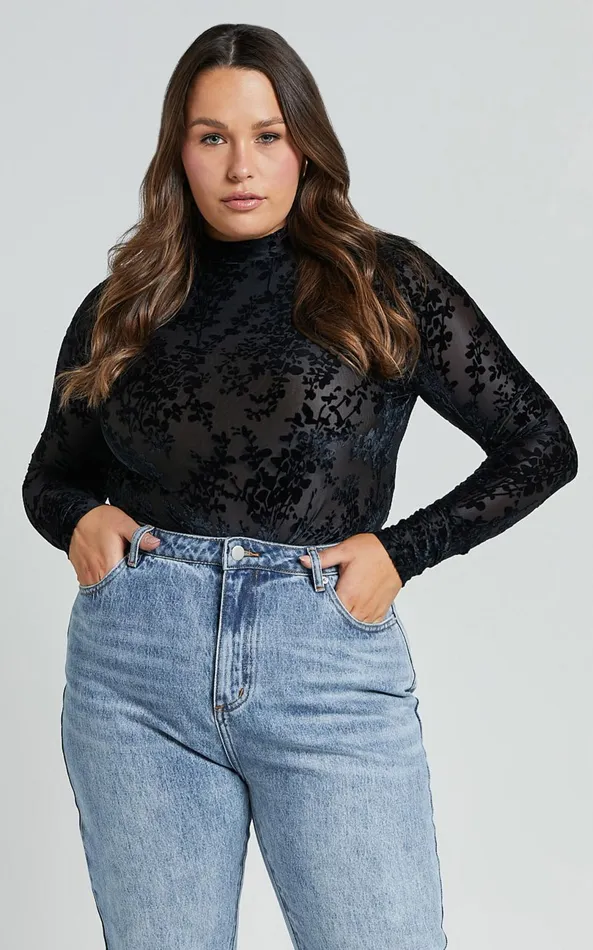 Showpo Laura Bodysuit 8211 Longsleeve Velvet Burn Out Bodysuit In Black Floral Women Tops