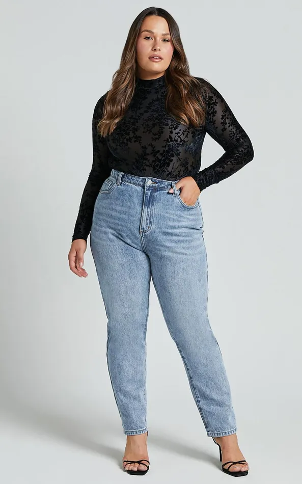 Showpo Laura Bodysuit 8211 Longsleeve Velvet Burn Out Bodysuit In Black Floral Women Tops