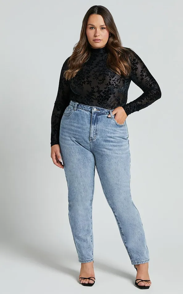 Showpo Laura Bodysuit 8211 Longsleeve Velvet Burn Out Bodysuit In Black Floral Women Tops