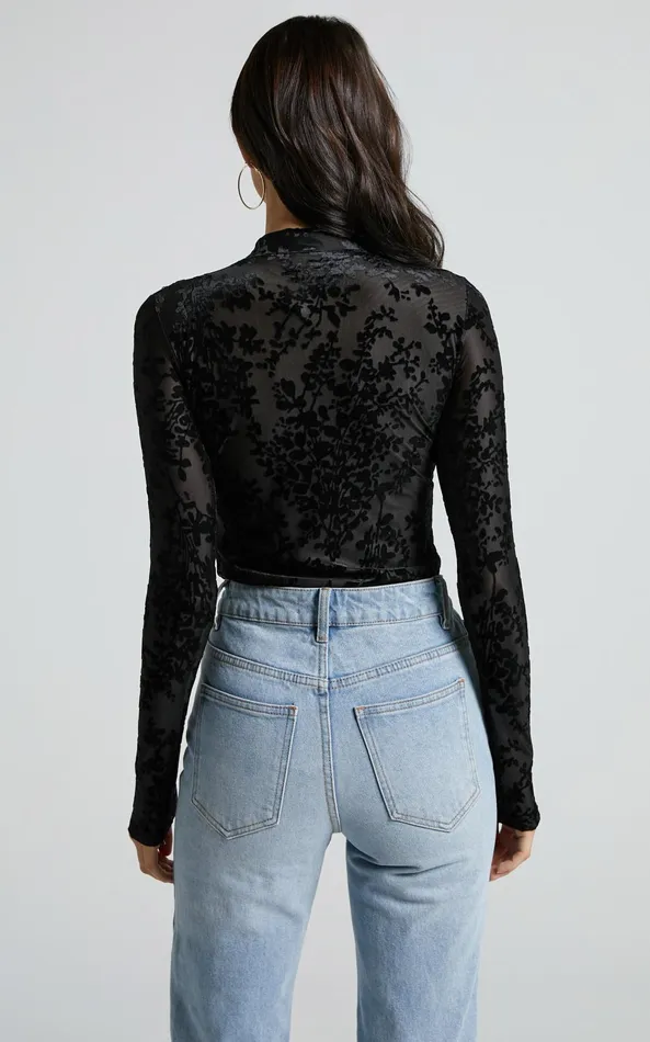 Showpo Laura Bodysuit 8211 Longsleeve Velvet Burn Out Bodysuit In Black Floral Women Tops