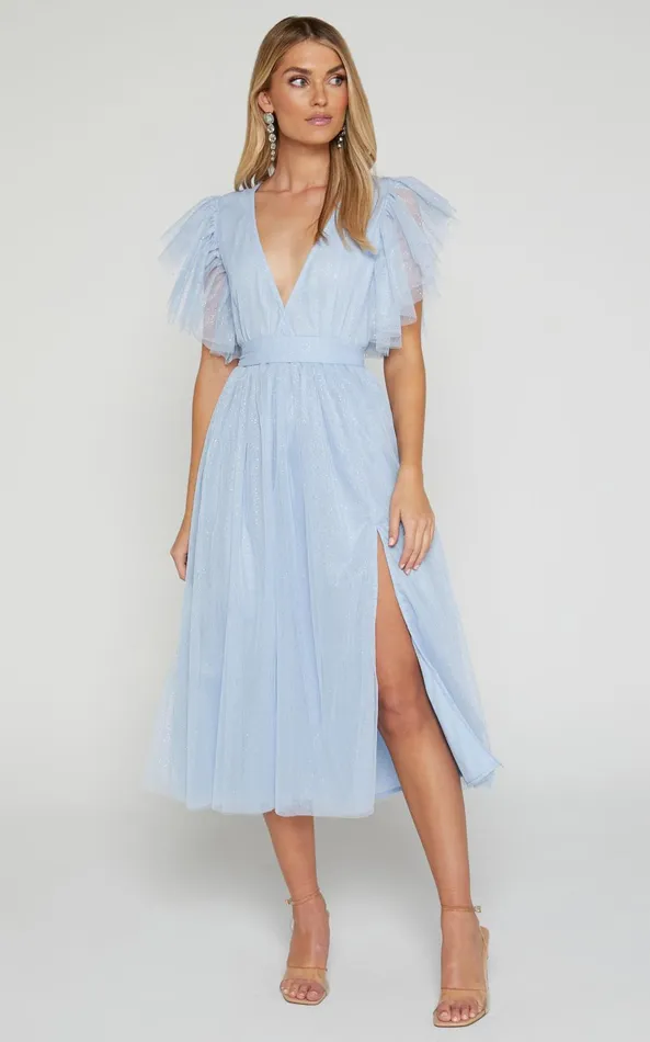 Showpo Laura Midi Dress 8211 Short Flutter Sleeve V Neck Thigh Split Dress In Ice Blue Women Dresses Showpo Laura Midi Dress 8211 Short Flutter Sleeve V Neck Thigh Split Dress In Ice Blue Women Dresses