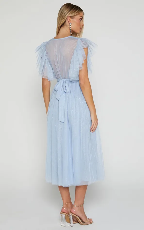 Showpo Laura Midi Dress 8211 Short Flutter Sleeve V Neck Thigh Split Dress In Ice Blue Women Dresses