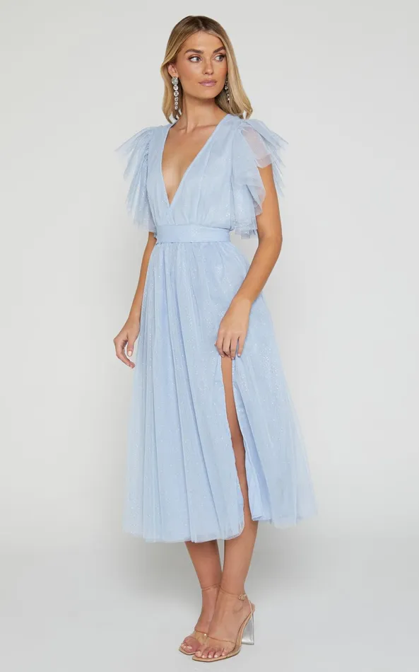 Showpo Laura Midi Dress 8211 Short Flutter Sleeve V Neck Thigh Split Dress In Ice Blue Women Dresses