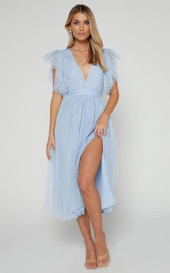 Showpo Laura Midi Dress 8211 Short Flutter Sleeve V Neck Thigh Split Dress In Ice Blue Women Dresses