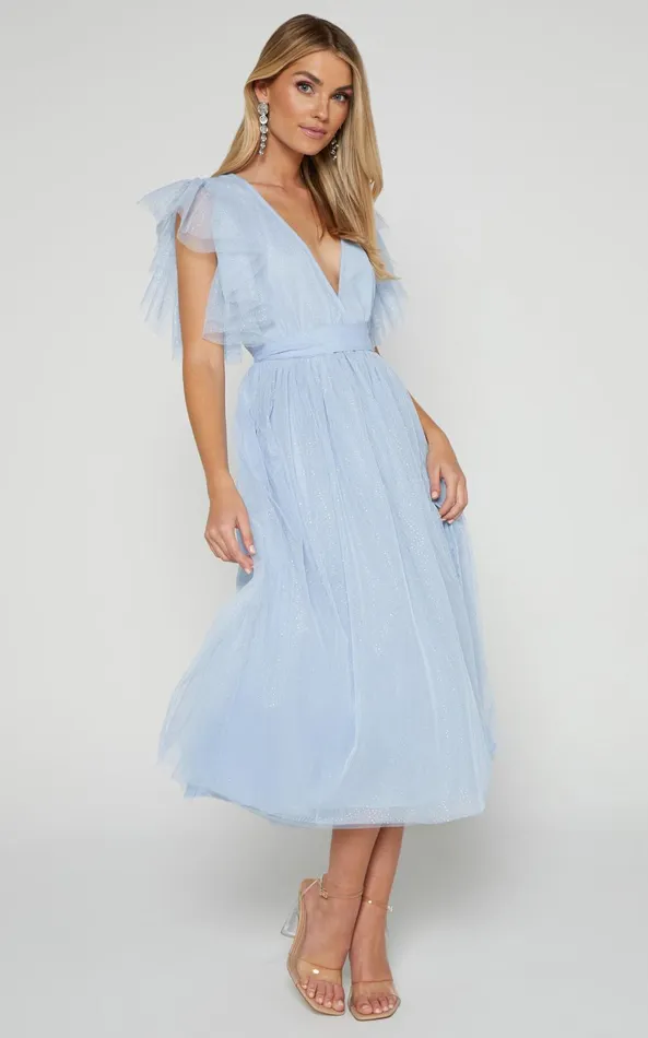 Showpo Laura Midi Dress 8211 Short Flutter Sleeve V Neck Thigh Split Dress In Ice Blue Women Dresses