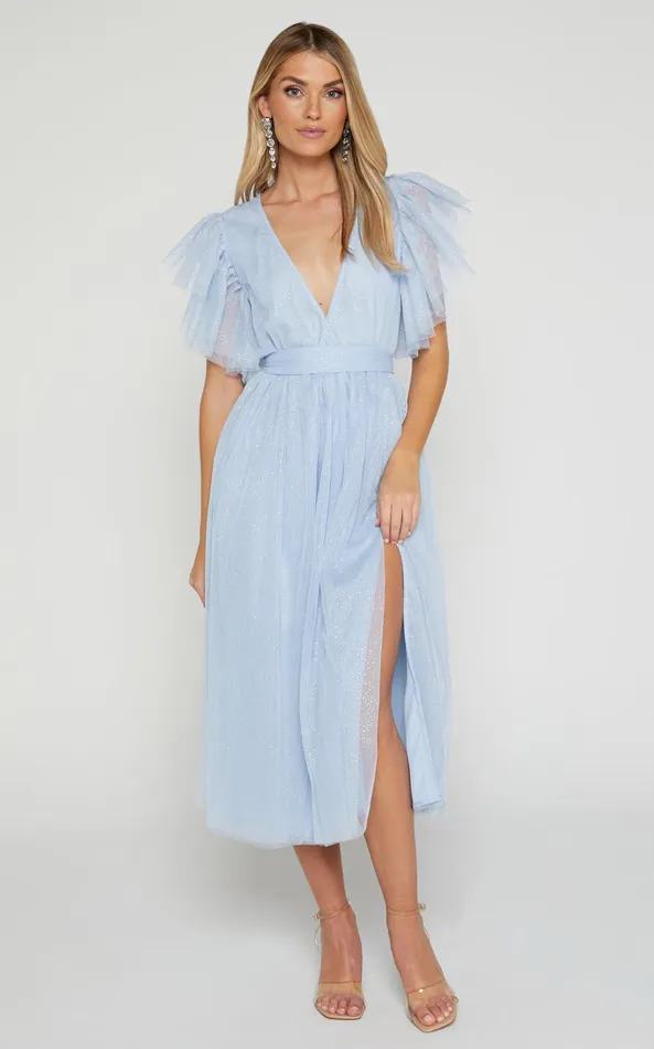 Showpo Laura Midi Dress 8211 Short Flutter Sleeve V Neck Thigh Split Dress In Ice Blue Women Dresses