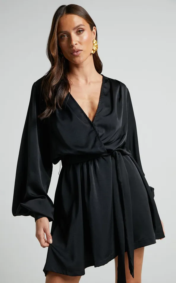 Showpo Laura Mini Dress 8211 Long Sleeve V Neck Wrap Dress In Black Women Dresses Showpo Laura Mini Dress 8211 Long Sleeve V Neck Wrap Dress In Black Women Dresses
