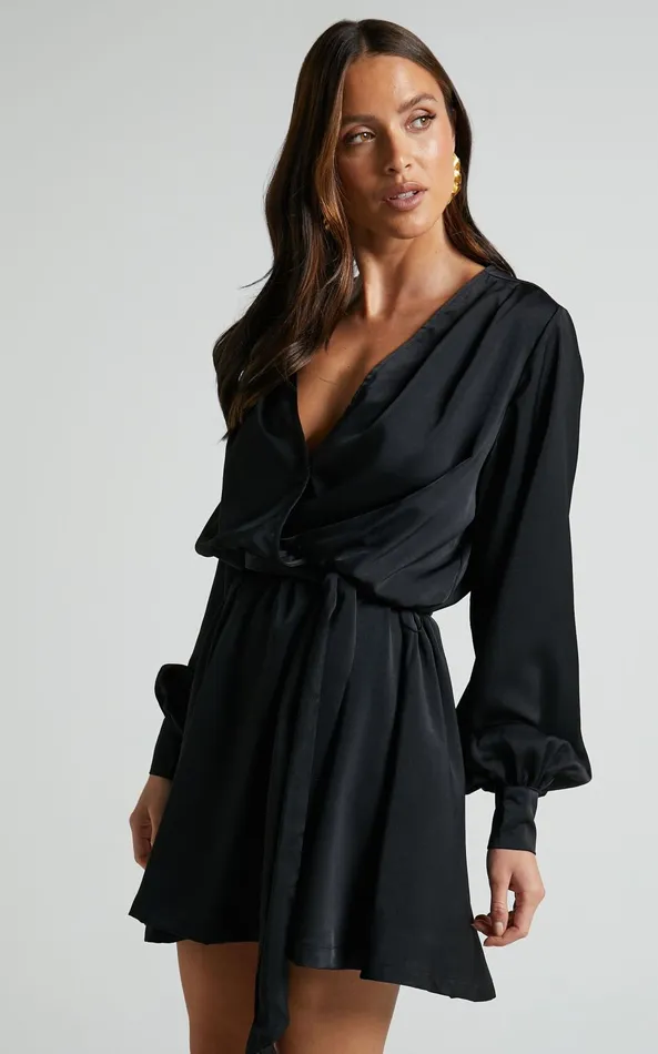 Showpo Laura Mini Dress 8211 Long Sleeve V Neck Wrap Dress In Black Women Dresses